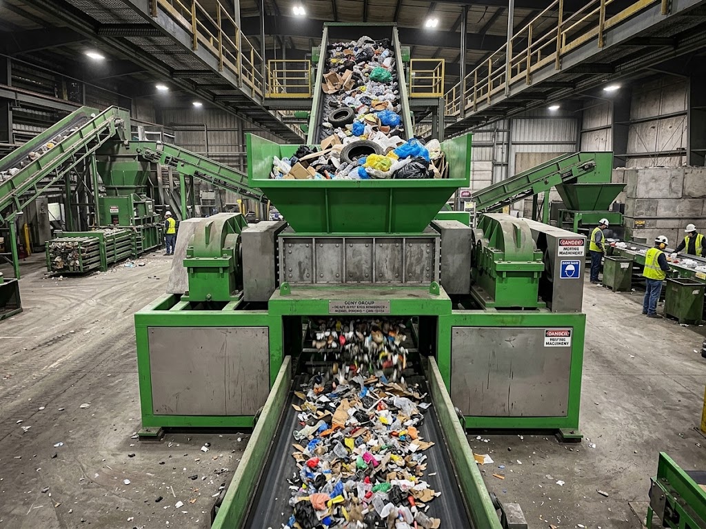 Heavy-duty green double shaft municipal solid waste shredder operating in an industrial recycling plant