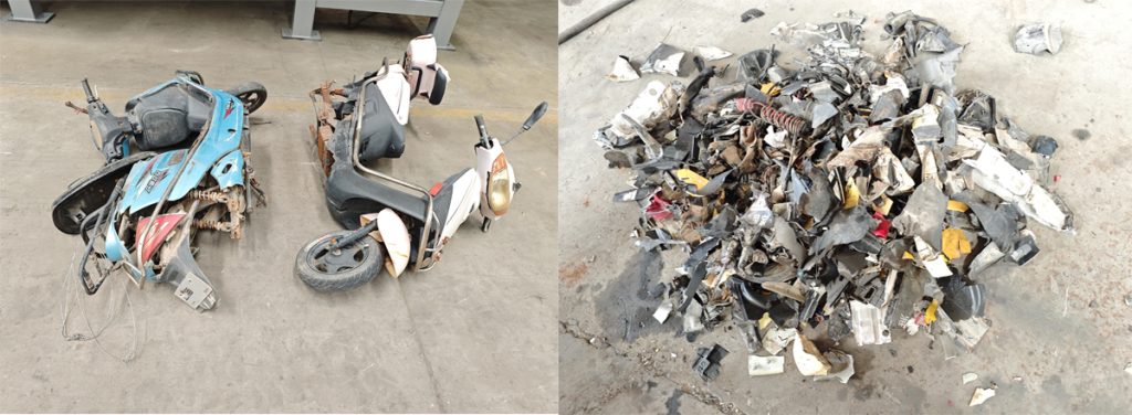 Scrap electric scooters before and after shredding using a heavy-duty MSW shredder