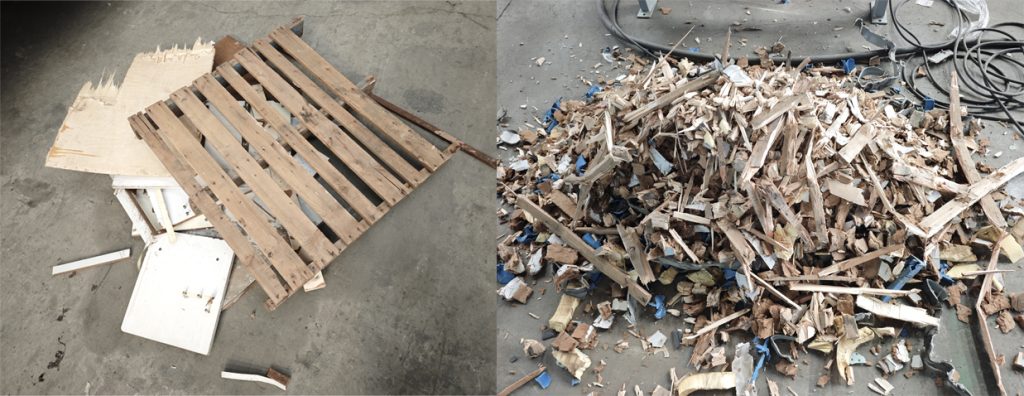 Waste wood pallet before and after the shredding process